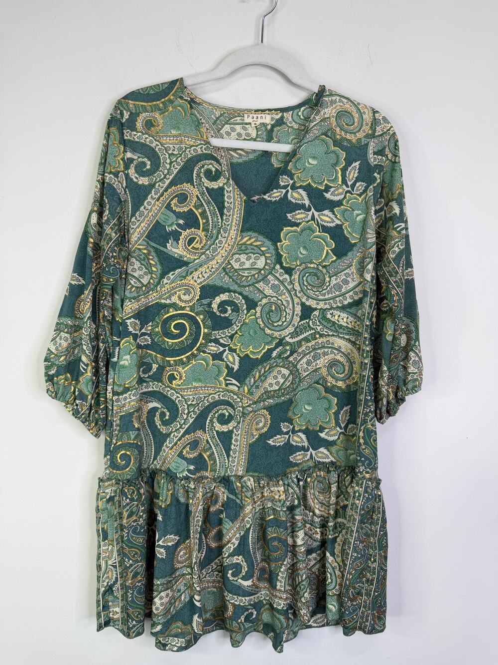 Paani Green Paisley Print Ruffled Mini Dress Size Small